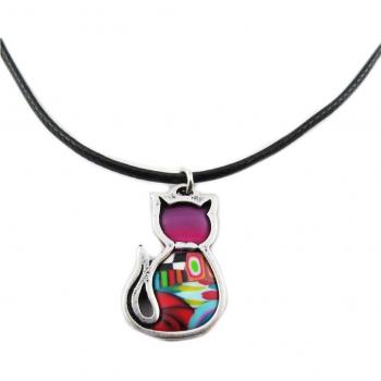 Violet Multicolored Silver Cat Pendant