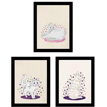 Láminas Gatos Blancos - Set de 3 - Colorido Divertido - A3