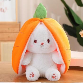 Lapin Transformable 35 cm – Peluche Carotte & Fraise Kawaii