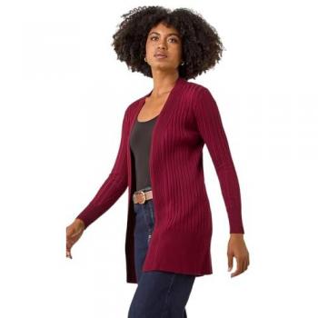 Cardigan Étiré Rouge Roman à Côtes Longues