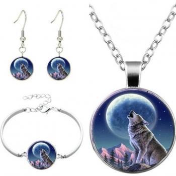 Wolf Howl Moon Cabochon Jewelry Set - 4Pcs Necklace Bracelet Bangle Earrings for Women