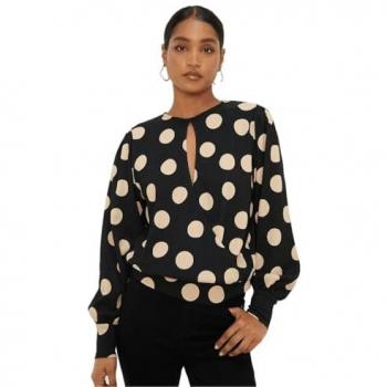 Womens Spot Key Hole Wrap Long Sleeve Top - Mono - M