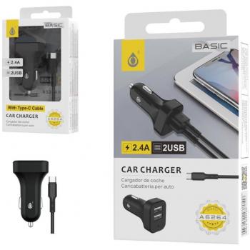 Cargador Mechero USB 2 Puertos 5V 2.4A con Cable Tipo C