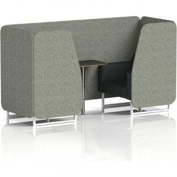 Brixworth Dual Seating Workstation Booth – Sleek White Legs, Dark Table with Silver Accent, Riveted Fabric Finish, Charcoal Upholstery