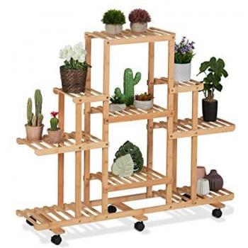Scaffale Portafiori in Bambù con Ruedas, 9 Mensole, Fioriera Interna, 103x120x35,5 cm, Naturale - Relaxdays