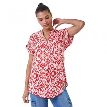 Aztec Print V-Neck Pleat Detail Top