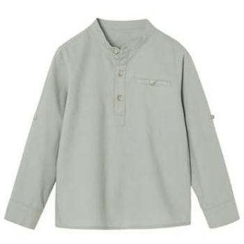 Chemisier col Mao coton lin garçon vert sauge manches courtes retractables