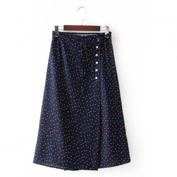 Falda Bohemia Cintura Alta Polka Dot Negra Midi Abotonada Coreana