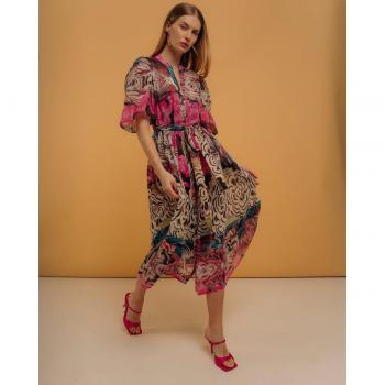 Vestido Midi Camisero Bordado Floral Cinturón Lazada - Estilo Femenino