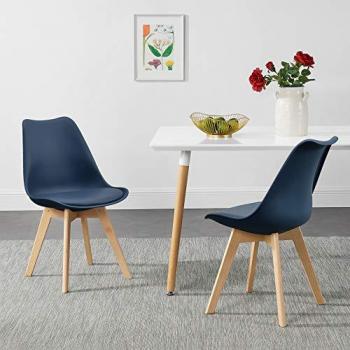 Set di 6 Sedie da Pranzo in Similpelle Blu con Gambe in Legno di Faggio, Stile Scandinavo