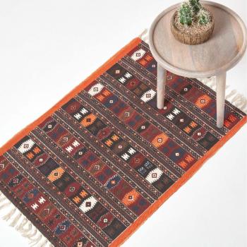 Homescapes Cotton Kilim Printed Rug Terracotta Black and Brown Design 70 x 120 cm