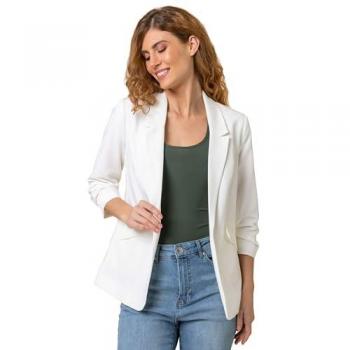 Ruched Sleeve Stretch Blazer – White, UK 14