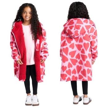 Pink Heart Sherpa Bathrobe for Kids – Large/XL, Waterproof