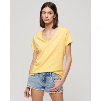 Superdry V‑Form T‑Shirt für Frauen, strukturiertes Stoffdesign, gelb – Größe XS