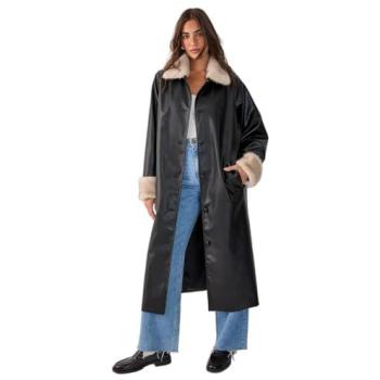 Nasty Gal Fur Trim Faux Leather Longline Coat – Black XS/S