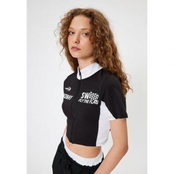 Koton Schwarzes Kurzarm-Standkragen T-Shirt – Größe M