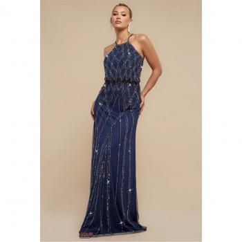Sleeveless Sequin Racer Neck Maxi Dress – Navy