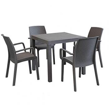 MilaniHome Set Tavolo Da Giardino Quadrato Fisso Cm 80 X 80 Con 4 Poltrone Con Braccioli In Wicker Stampato Taupe Da Esterno Giardino