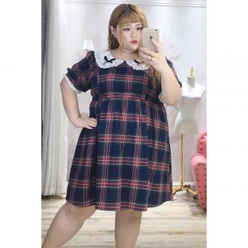 Vestido de verano para mujer, talla grande, estilo Lolita, estampado a cuadros, encaje, manga corta, XL-5XL