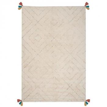 Teppich Beige Baumwolle Rechteckig 200x300cm Shaggy Hochflor Rauten Geometrisches Muster Fransen Getuftet Wohnzimmerteppich für Fußbodenheizung