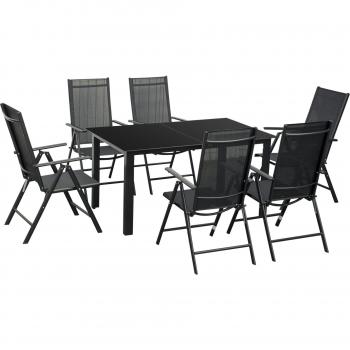 Outsunny Conjunto de Muebles de Jardín de Aluminio 7 Piezas Juego de Comedor Exterior con 6 Sillas Plegables y Reclinables Mesa con Tablero de Vidrio Templado Asiento de Texteline Negro