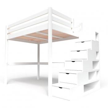 Hochbett aus Holz mit Treppenregal Sylvia - 140x200 - Weiß