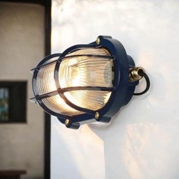 Lampe de jardin murale Laiton Véritable, Verre bleu Maritim, E27, IP64, 21 cm