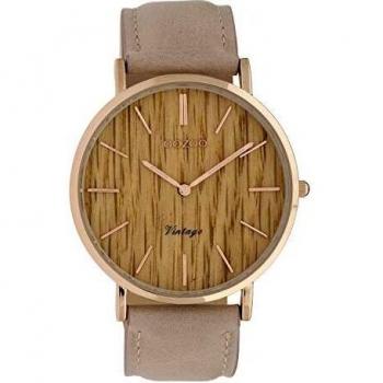 Oozoo Retro Damenchronometer 40 mm – Lederband, Holzoptik in Pinkgrau