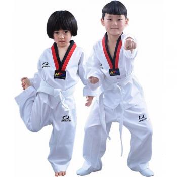 Traditional White Taekwondo Uniform for Kids and Adults - Black V-Neck Dobok, WTF Approved