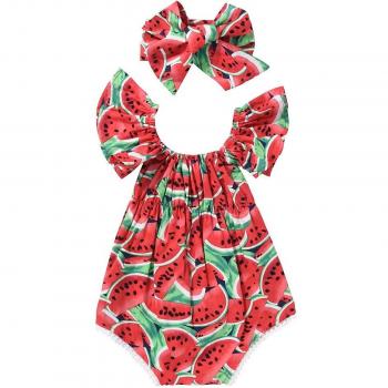 Wassermelonen-Druck Strampler mit Off-Shoulder Design und Stirnband