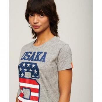 T-shirt Superdry Dames Osaka 6 Drapeau Gris et Bleu, Taille 38