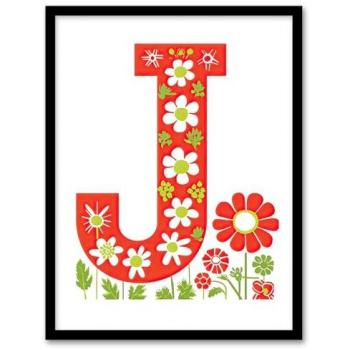 Floral J Letter Art – Red “J” with Simple Flowers, Framed
