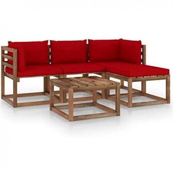 Conjunto de jardín 5 piezas con cojines rojos