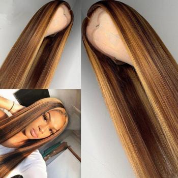 Perruque femme teint dégradé cheveux longs brun rose