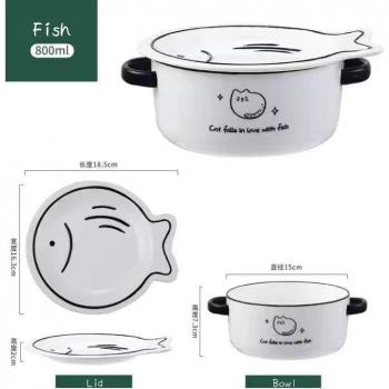 Binaural Instant Noodle Bowl Set with Lid - Ceramic Cute Cartoon Cat Love Fish