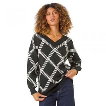 Plaid V‑Shaped Knitted Sweater