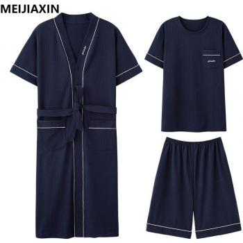 Albornoz de Algodón para Hombre Conjunto de 3 Piezas: Bata Corta, Tops y Pantalones Holgados Talla L-4XL, Pijamas de Verano