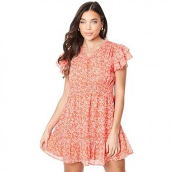 Oasis Womens Petite Ditsy Chiffon Shirred Detail Frill Sleeve Mini Dress - Red - Size 12 UK