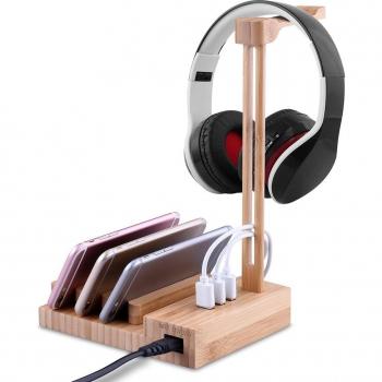 Leichter Kopfhörerständer aus Holz mit USB-Anschluss