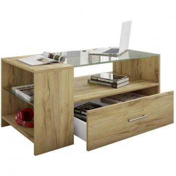 Tindala Couchtisch mit Glasplatte, 1 Schublade, 3 Regale Honig-Eiche dekor