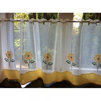 Sunflower Floral Checked Kitchen Voile Curtain Café Panels