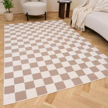Soft Beige Checkered Living Room Rug