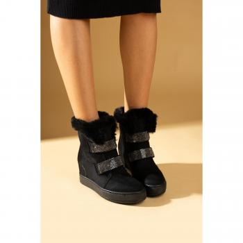 Calzature femminili in cuoio ricotto con suola ergonomica, tacco elevato, chiusura a velcro con ornamenti di pietra, taglia 43-415-23