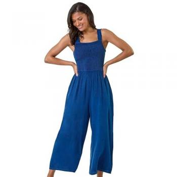 Denim Shirred Bodice Pocket Jumpsuit