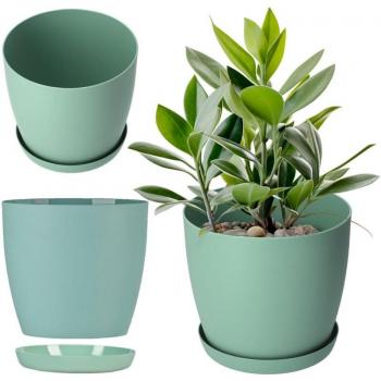 Cache-Pot Moderne en Plastique avec Soucoupe (16 cm, Vert)