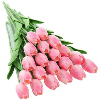 JUSTOYOU Tulipán con Toque Real - 33 cm de Largo - Flores Artificiales para Ramos de Boda, Hogar, Hotel, Jardín, Evento de Navidad - Rosa - 20 por Paquete