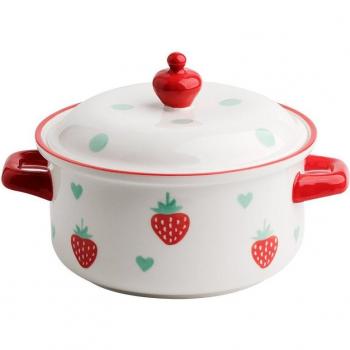 Strawberry Motif Ceramic Soup Bowl with Double Handles 700ml