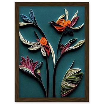 Quilled Feathered Bird on Tropical Plant Leaves (Blue, Orange, Teal) – Framed A4 Canvas