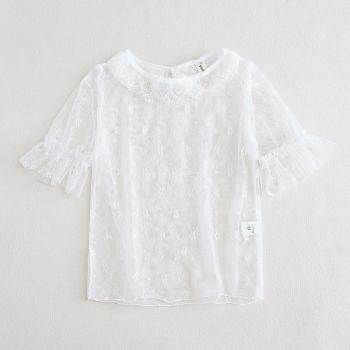 Chiffon Bluse für Mädchen im Lolita-Stil mit Spitzenkragen, Blumenmuster, kurzärmlig, ideal für den Sommer
