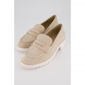 Plus Size Beige Soft Leather Block Heel Loafers for Women, Size 6